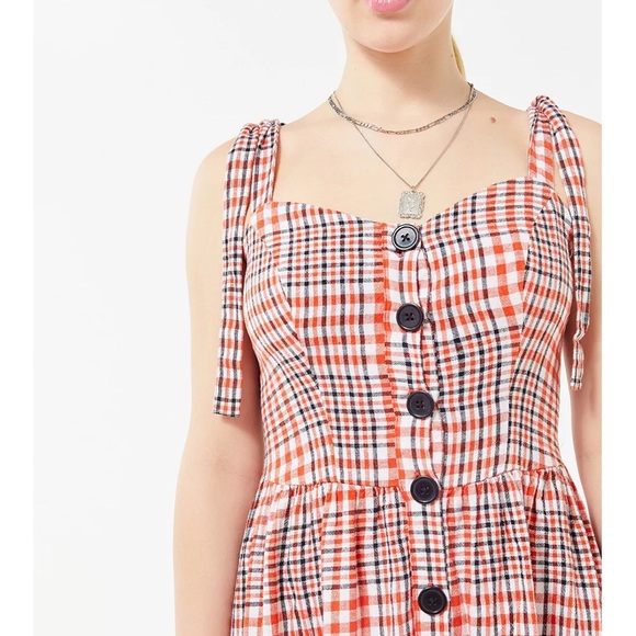 UO Positano Tie-Shoulder Midi Dress - Red Plaid Button Down Dress with Pockets - Picture 4 of 12